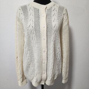 Keneth Too Cream Crochet Cable Knit Cardigan Sweater